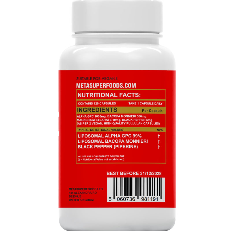 Alpha GPC & Bacopa Monnieri 1500mg | 120 Capsules High Strength Liposomal Max Absorbtion Alpha-GPC Choline Supplement Memory, Focus Brain Support