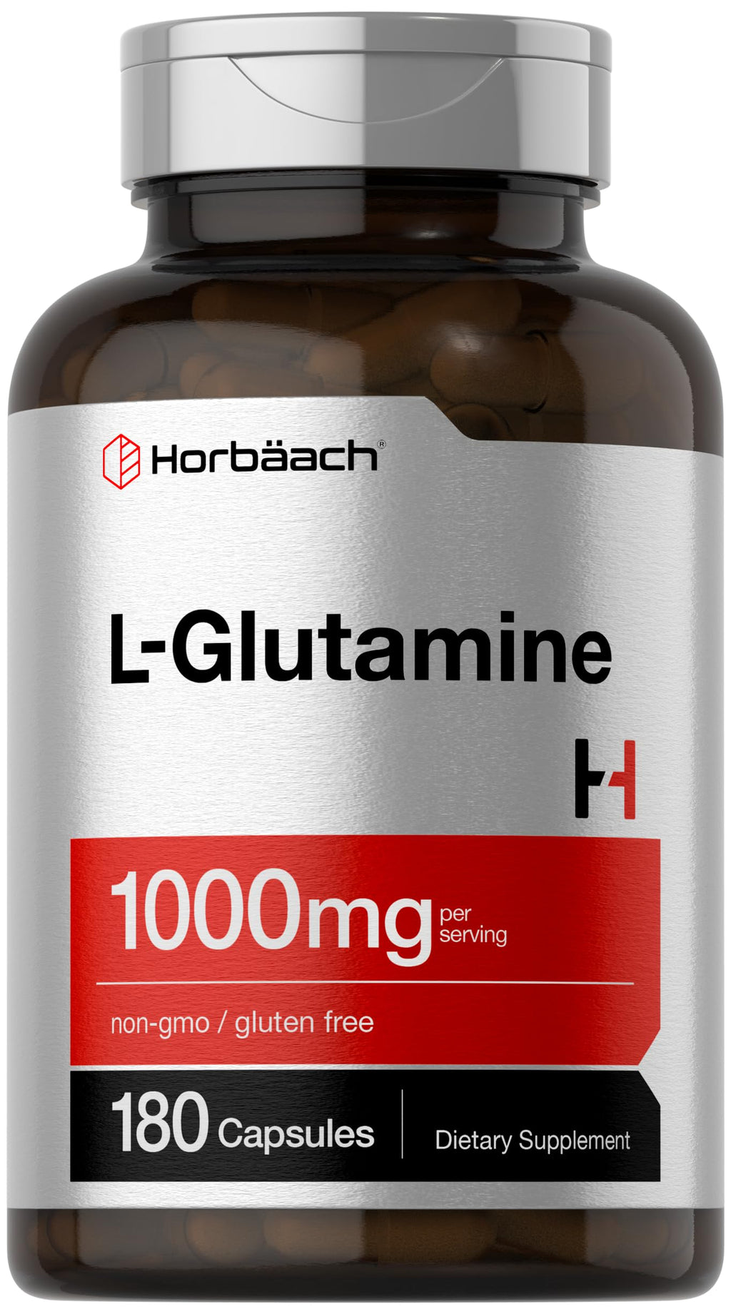 Horbäach L Glutamine Capsules | 1000mg | 180 Count | Pre and Post Workout | Non-GMO, Gluten Free Supplement