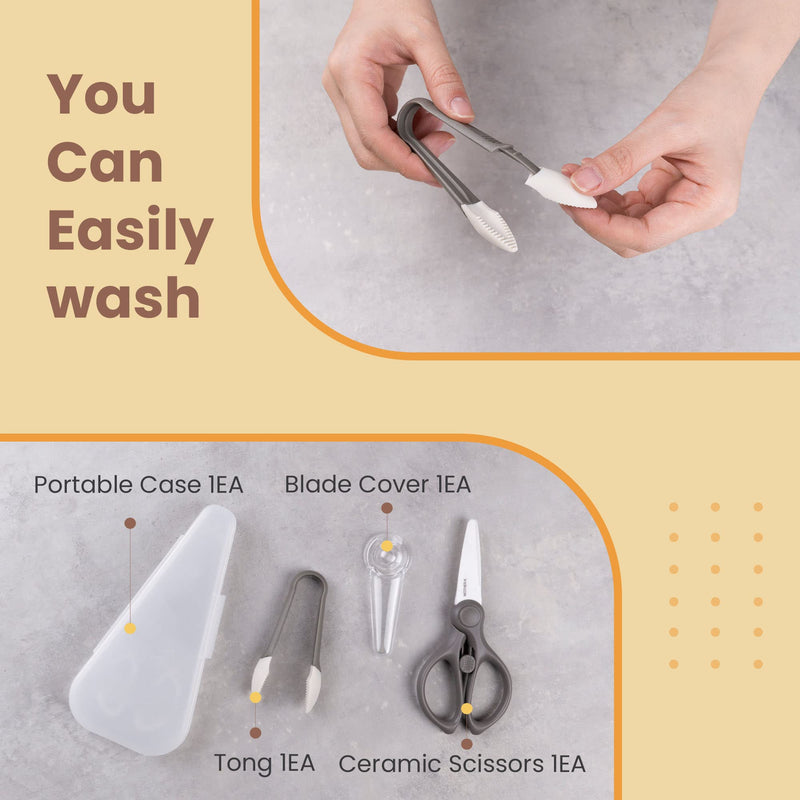 [Australia] - MOTHER-K Portable Ceramic Scissors with Tongs Set, Ceramic Scissors for Baby Food with Protective Blade Cover and Portable Case, Safety Lock (GREY) 