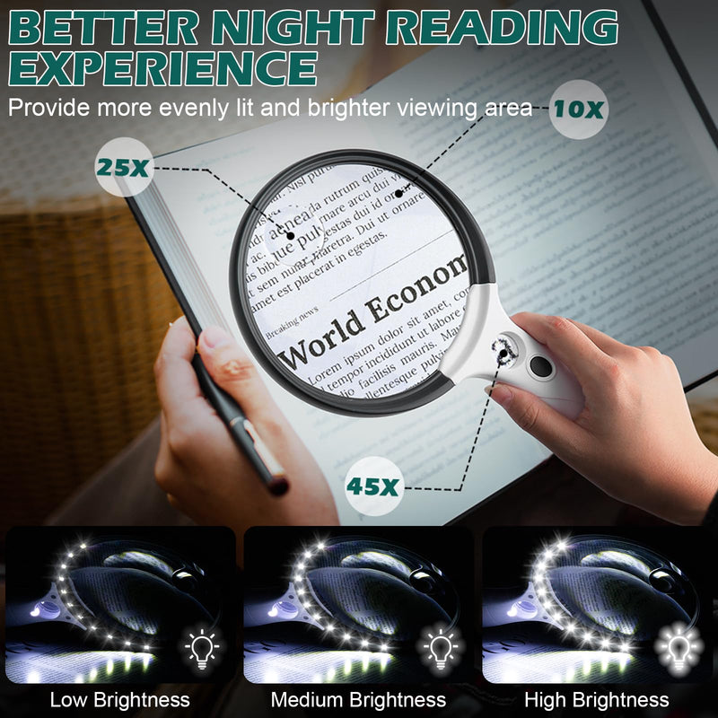 [Australia] - Large Magnifying Glass with Light, 10X 25X 45X Handheld Illuminated Magnifier with 3 Light Modes, 12 LED Lights, Storage Bag, Clean Cloth for Seniors Reading Coins Inspection (Black, Round) Black 