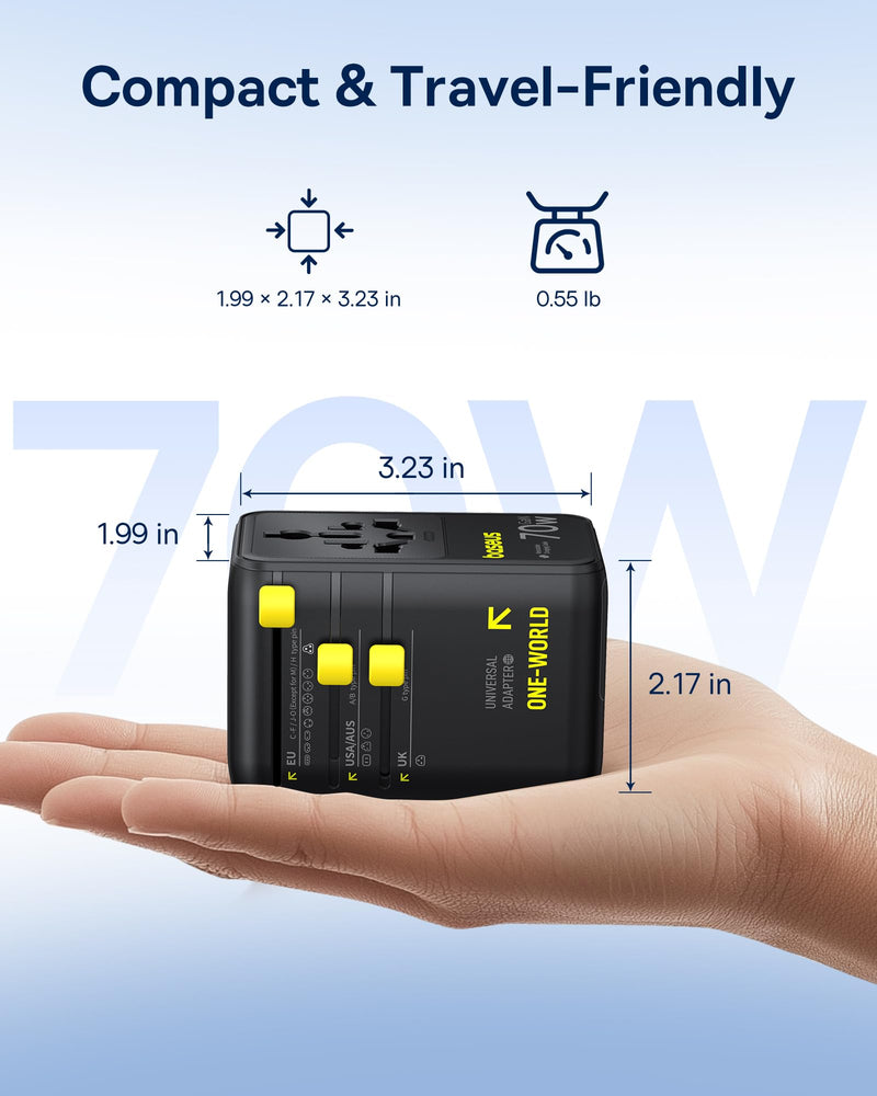 Baseus 70W Universal Travel Adapter, 6-in-1 International Plug Adapter | Worldwide Wall Charger with Retractable Cable, USB-C Fast Charging for USA/EU/UK/AUS and Over 200 Countries - Enercore CG11 Black