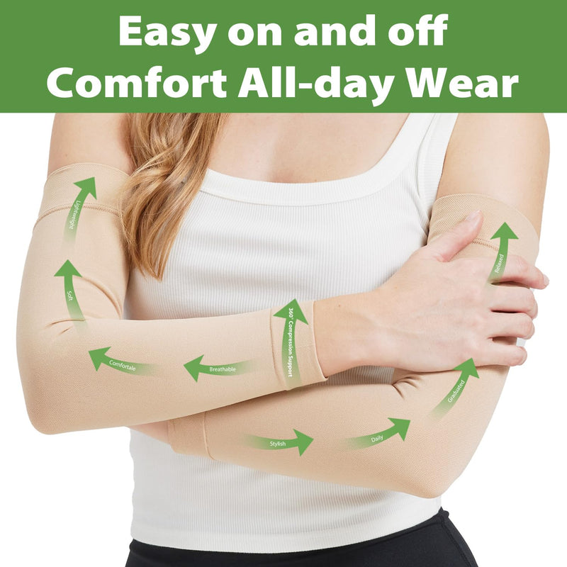 [Australia] - Compression Lymphedema Arm Sleeves for Women, 20-30 mmHg Full Arm Support for Swelling Recovery Circulation Beige Large 