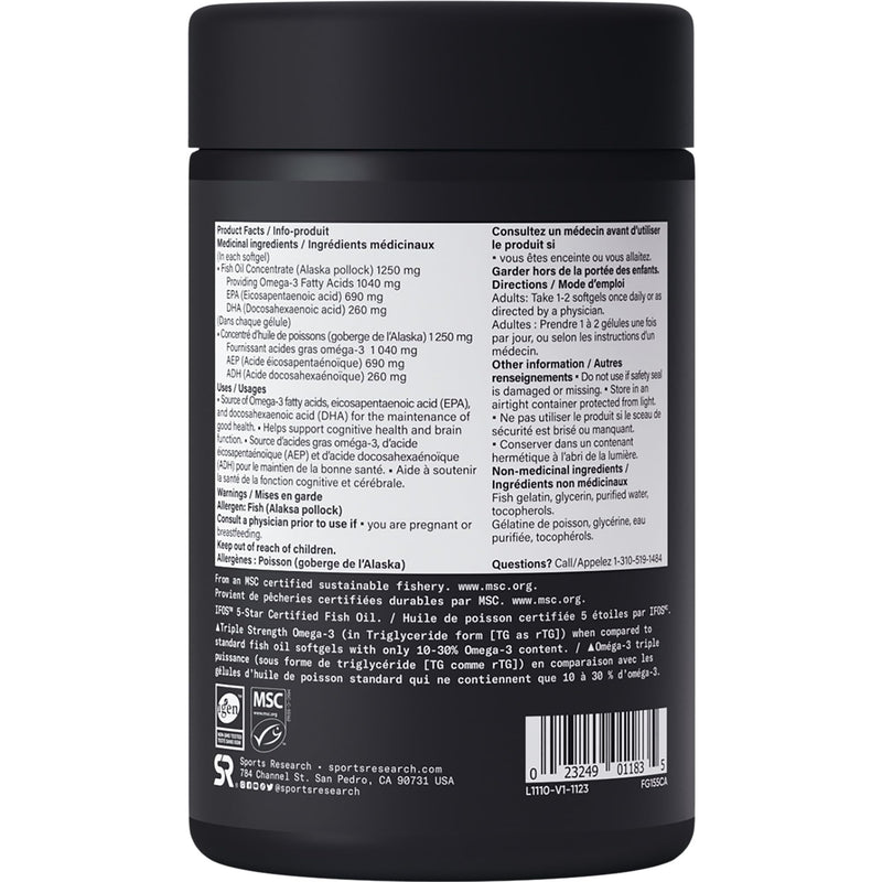 [Australia] - Sports Research Triple Strength Omega 3 Fish Oil - Burpless Fish Oil Supplement w/EPA & DHA Fatty Acids from Single-Source Wild Alaska Pollock - 1250 mg, 90 ct 90 Count (Pack of 1) 