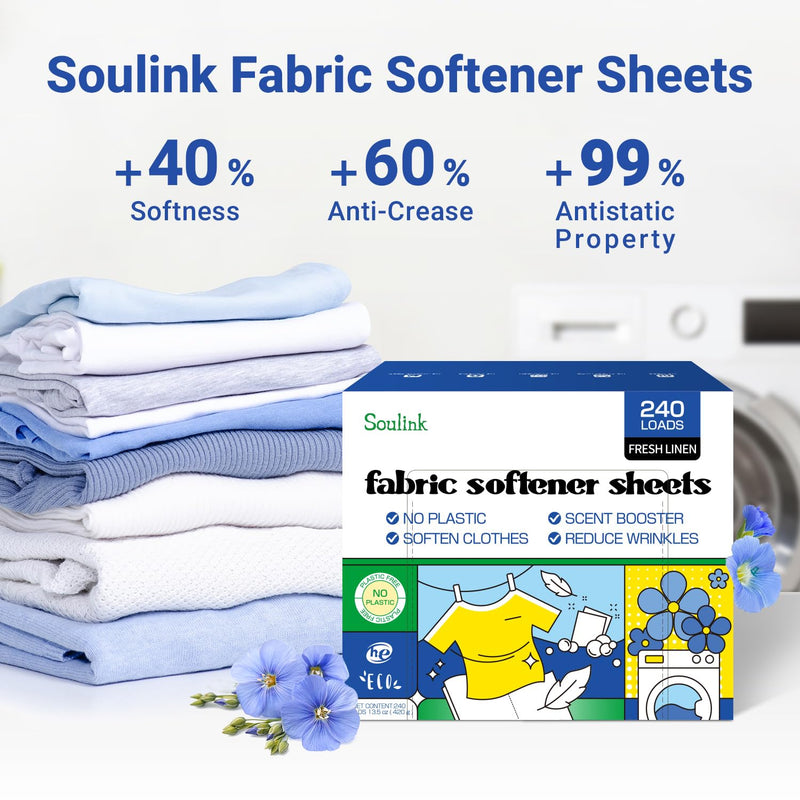 [Australia] - Fabric Softener Sheets for Washing Machine, No Plastic Jug Soap Strips, Alternative to Fabric Softener Liquid and Pods, Fresh Linen Scent, Up to 240 Loads 