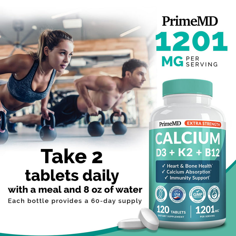 4-in-1 Calcium 1200 mg with Vitamin D3 K2 - Extra Strength Calcium Supplements for Women & Men with D3 K2 Vitamin 5000 IU - Everyday Vitality Supplement - Vegan-Friendly, Gluten-Free, Non-GMO (240ct) 120 Count (Pack of 2)