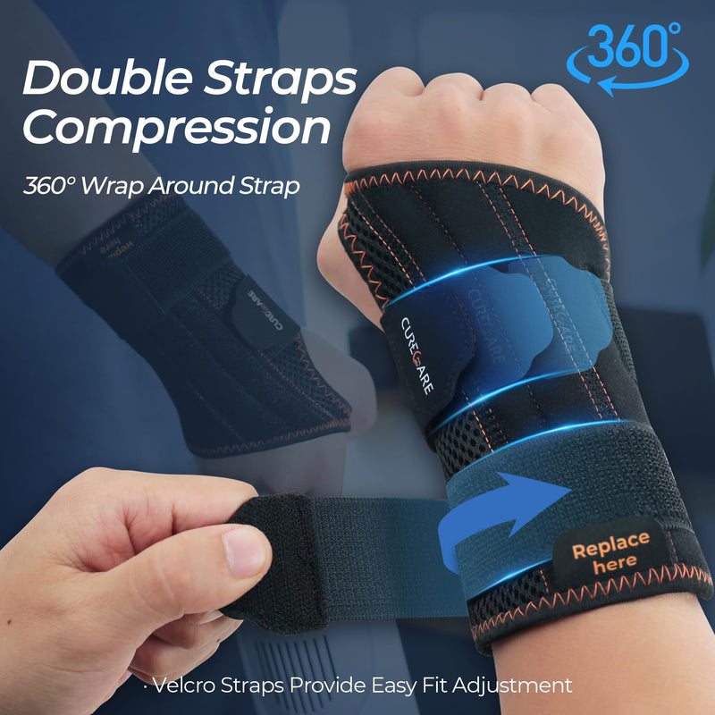 [Australia] - CURECARE Carpal Tunnel Wrist Support 2 in 1, Wrist Bandages with 3 Metal Stabilizers, Wrist Splint for Relief from Carpal Tunnel Syndrome, Tendonitis (S/M, Right) S/M Right-Black 