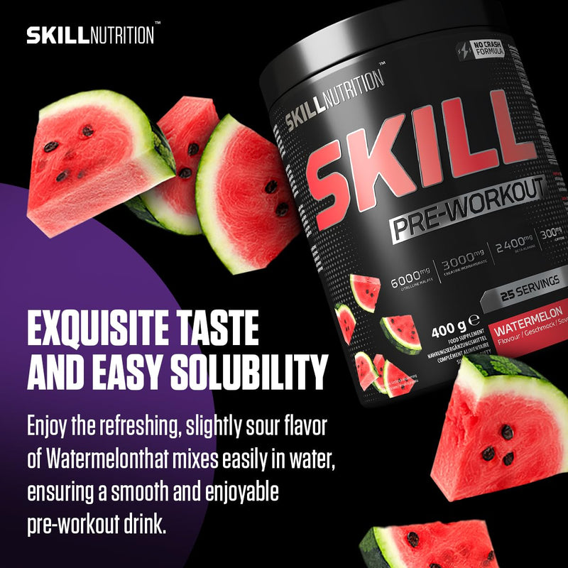 Skill Nutrition Pre-Workout Watermelon - No-Crash Formula with Extended-Release Caffeine | Xtenergy®, TheaGreen™, Vitacholine®, Astragin® | Vegan, Halal | B-Vitamins, Citrulline, Beta-Alanine