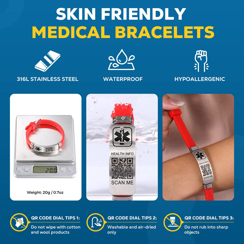 [Australia] - Medical Bracelets for Men Women with QR Code Medical Alert ID Bracelets for Sport Travel - Silicone Waterproof Wristband Fits Wrists Up to 8 inches - More Space Custom Emergency Medic ID Alert Information 9'' Folding Buckle+Adjustable dial - Red 