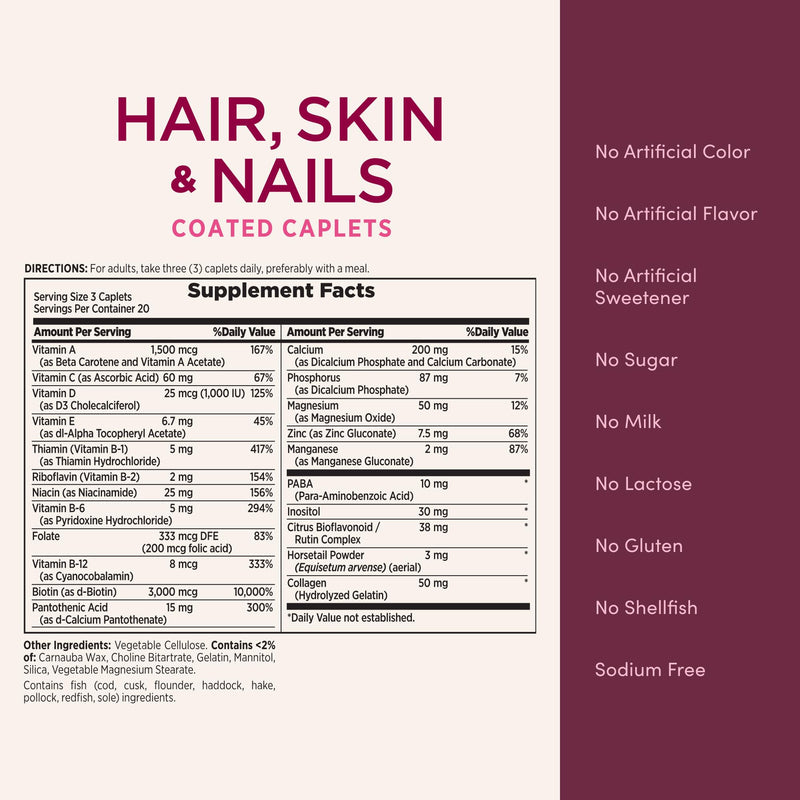 Nature's Bounty Optimal Solutions Hair, Skin & Nails Formula, 20 Servings | With 3,000 mcg Biotin, 60 Coated Caplets Unflavored 60 Count (Pack of 1)