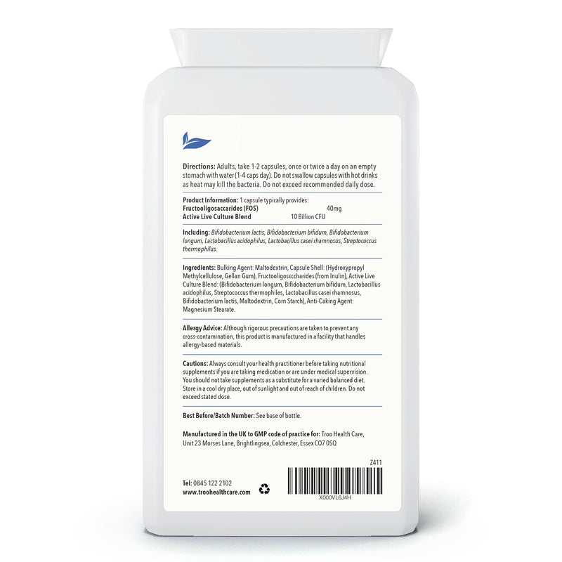 Troo Health Care Lactobacillus Acidophilus 10 Billion CFU 120 Vegan Capsules | High Strength 6 Strain Active Live Bacterial Culture Blend | UK Manufactured to GMP Standards 1 count (Pack of 1)