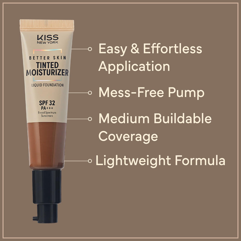 KISS NEW YORK Tinted Moisturizer with SPF 32 PA+++ (Deep Honey) 12 Hour Hydrating Sunscreen for Face, No White Cast for Dark Skin Tone, Natural Finish, Medium Coverage with Hyaluronic Acid, Vitamin E 1.01 Fl Oz Deep Honey