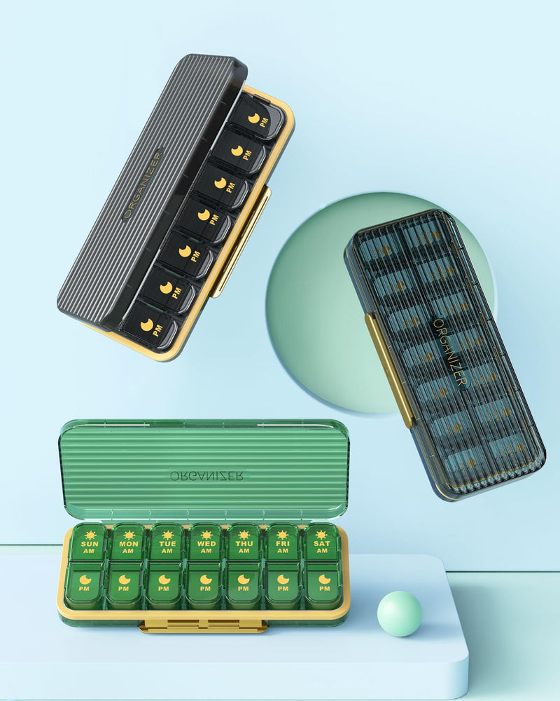 Acedada Pill Organizer 2 Times A Day, 7 Day Am Pm Pill Box, Green | Weekly Pill Organizer with Separate Container, Portable Daily Medicine Dispenser Case for Vitamin, Fish Oils, Supplements