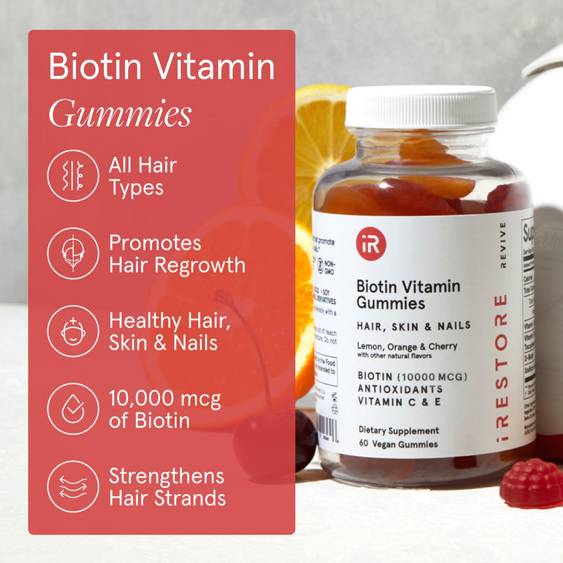 iRestore Biotin Gummies 10,000 mcg - 3 Natural Fruit Flavors, Hair Vitamins Multi Supplement for Hair Skin and Nails for Women & Men, 60 Vegan Gummies, 30 Day Supply 1