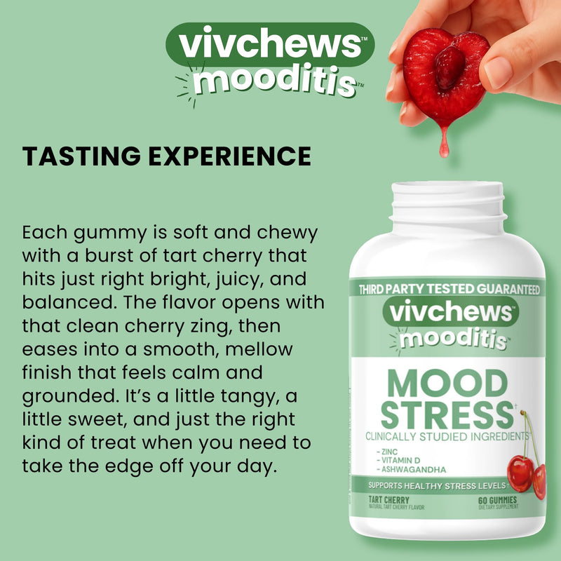 Mood & Stress Gummies – Zinc, Vitamin D & Ashwagandha for Calm & Emotional Balance, Natural Tart Cherry Flavor, Fruit Pectin Based, Non-GMO, No Artificial Colors or Sweeteners, 60 Count
