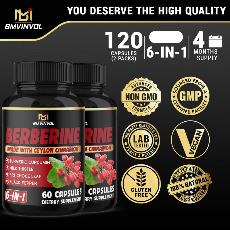 [Australia] - (2 Packs) Berberine Supplement Plus Ceylon Cinnamon, Turmeric - 120 Capsules - Supports Immune Function - Berberine HCl Supplement Pills - 4 Months Supply 60 Count (Pack of 2) 