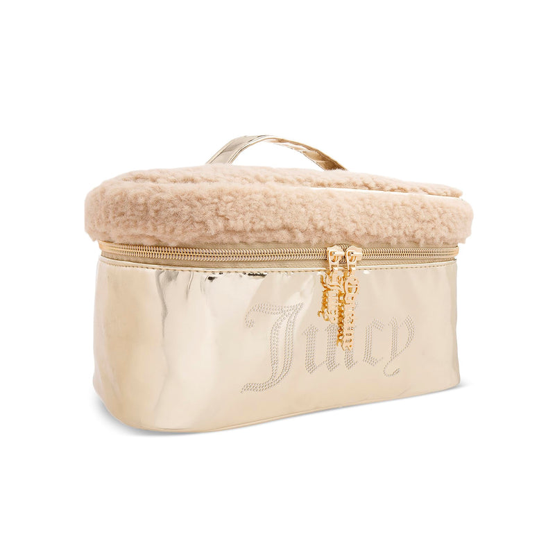 Juicy Couture Shiny Rhinestones Faux Shearling Gold Makeup Bag Cosmetics Organizer Travel Essentials Set