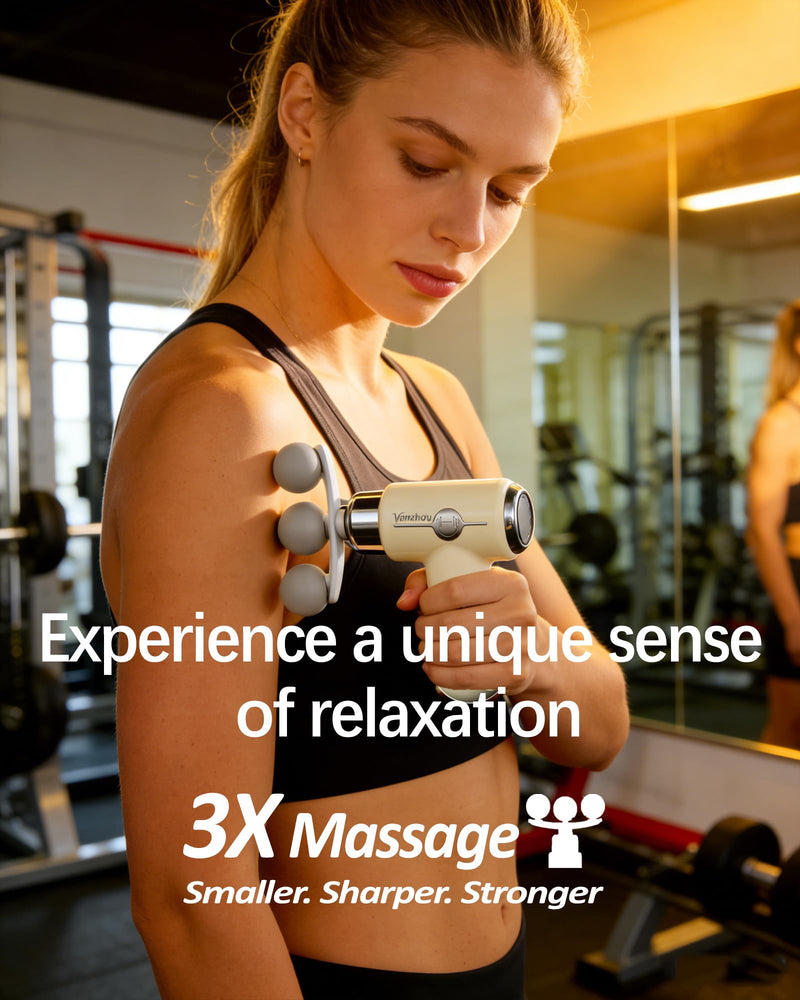 Mini Massage Gun Deep Tissue, Portable Handheld Massage Gun for Muscle Recovery, Quiet Percussion Massager with 9 Heads, Lightweight USB-C Rechargeable Massage Gun for Travel, Gym & Office Beige