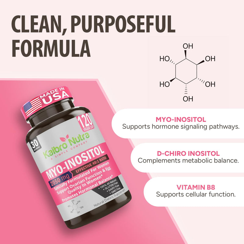 Kaibro Nutra Myo-Inositol & D-Chiro Inositol 40:1 Supplement - 2050mg | Hormone Balance & Ovarian Support for Women with Vitamin B8, Vegan, Non-GMO (120 Capsules) 120 Count (Pack of 1)