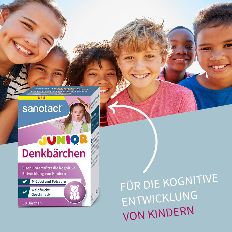 [Australia] - sanotact Denkbärchen Junior (60 lozenges) • With iron, folic acid & iodine • Iron tablets for cognitive development in children • Vitamins for children • Forest fruit flavor 60 pieces 