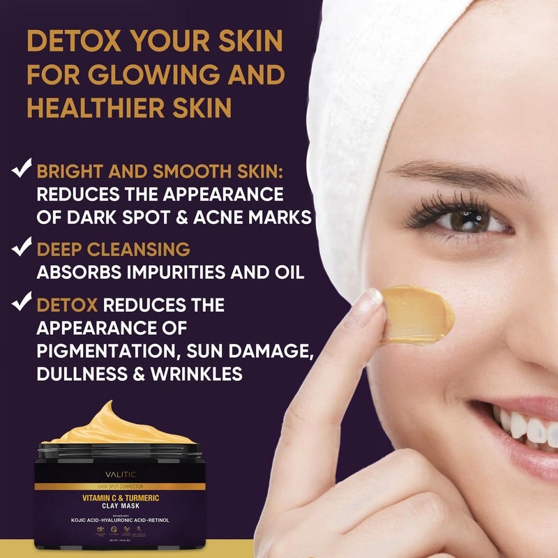 VALITIC Vitamin C & Turmeric Clay Mask - Dark Spot Corrector with Kojic Acid, Hyaluronic Acid & Retinol - Skin Care Routine for Minimizing Pores & Blackheads - with Applicator Brush - 50g 1.76 Ounce (Pack of 1)