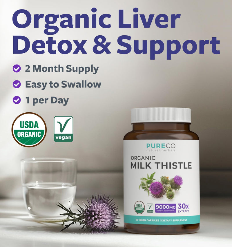 [Australia] - USDA Organic Milk Thistle Capsules - 80% Silymarin Supplement for Liver Support- Super Concentrated 300mg of 30:1 Milk Thistle Extract Equivalent to 9,000mg - Milk Thistle Liver Detox 60 Day Supply 60 Count (Pack of 1) 