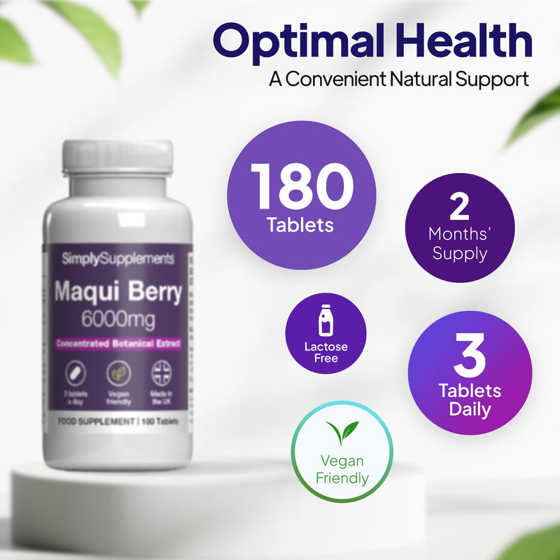 Maqui Berry Supplement 6000mg | with Vitamin C | Supports Immune Function & Reduces Fatigue | Vegan & Vegetarian Friendly | 180 Tablets = 2-Month Supply | GMP Certified and UK Made Unflavoured 1 count (Pack of 180)