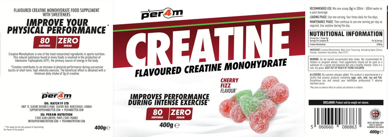 Per4m Creatine Powder | 80 Servings of Micronised Creatine Monohydrate | Performance & Strength | 8 Flavours (400g, Cherry Fizz) 400g
