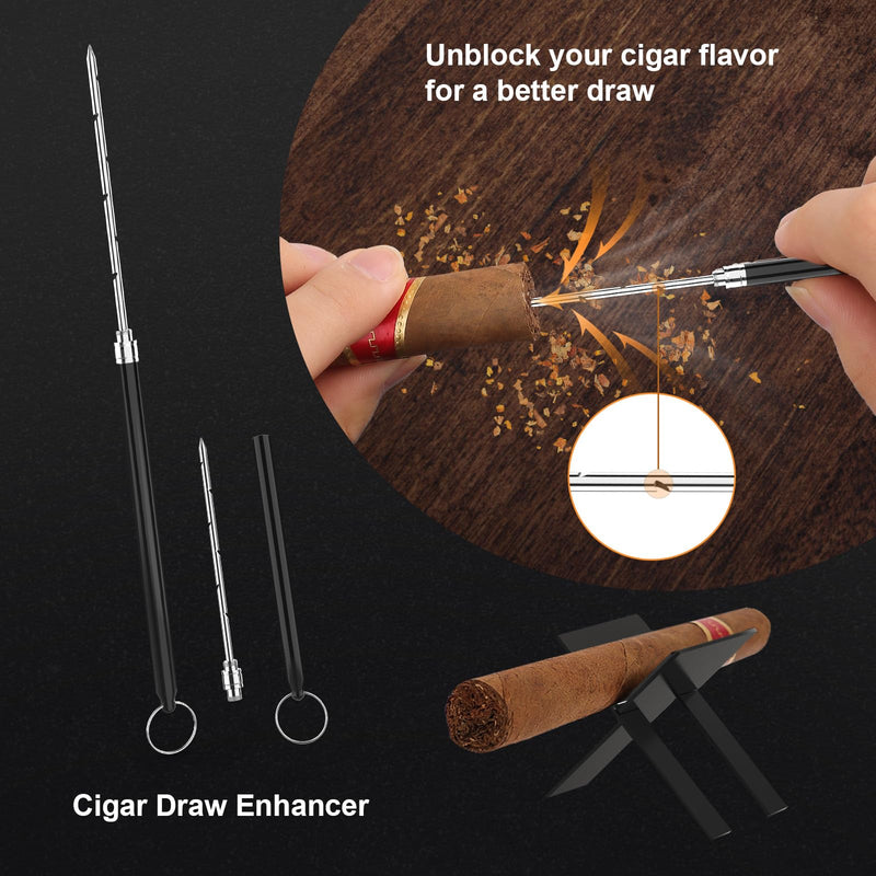 [Australia] - Travel Cigar Humidor Box Set with Cigar V Cutter, Cigar Punch, Cigar Holder, Cigar Drawer Enhancer, Humidifier & Hygrometer, Portable Outdoor Cigar Case with Cigar Accessories Kit, Cigar Gifts for Men Large Black 