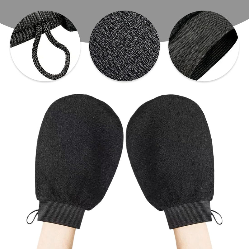 [Australia] - Pack of 2 peeling gloves + 2 transparent hooks, exfoliating gloves, body peeling gloves, hammam gloves for body and face, peeling gloves for men and women (black) 