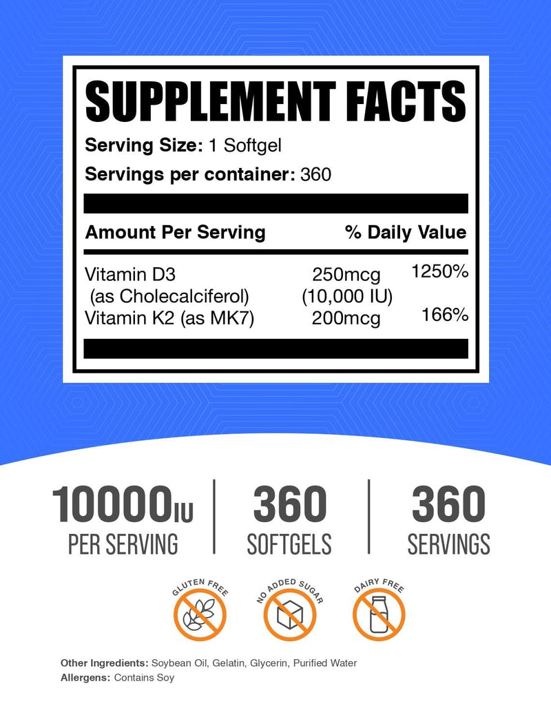 BulkSupplements.com Vitamin D3 + K2 10000 IU Softgels - K2 D3 Vitamin Supplement, for Immune Health - Gluten Free, 1 Softgel per Serving, 360 Count (Pack of 1)