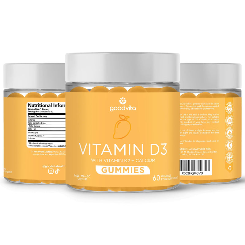Vitamin D3 + K2 + Calcium Gummies x60 | D3 (4000 IU) K2 MK-7 (100 μg) + Calcium (500mg) | Sweet Mango Flavour | 2 Months Supply | Supports Skin, Bones, Teeth, Immunity | UK Formulated | Vegan