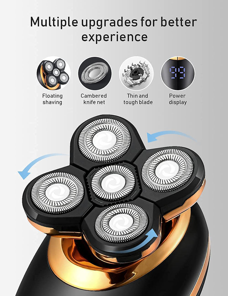 [Australia] - Electric Shavers for Men - 5 in 1 Bald Head Shavers for Men, 5D Floating Cordless USB Rechargeable Rotary Razor Multifunctional Grooming Kit Beard Trimmer Waterproof Wet and Dry with LED Display Gold 5d 