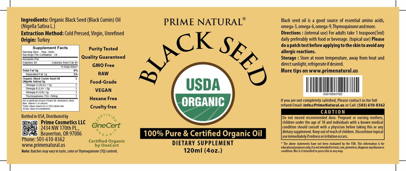 [Australia] - Organic Black Seed Oil 4oz - Cold Pressed Unrefined High Thymoquinone 1.7% USDA Certified - Turkish Origin Potent Nigella Sativa Liquid - Vegan Omega 3 6 9, Antioxidant Immune Boost Joints Skin Hair 4.05 Fl Oz (Pack of 1) 