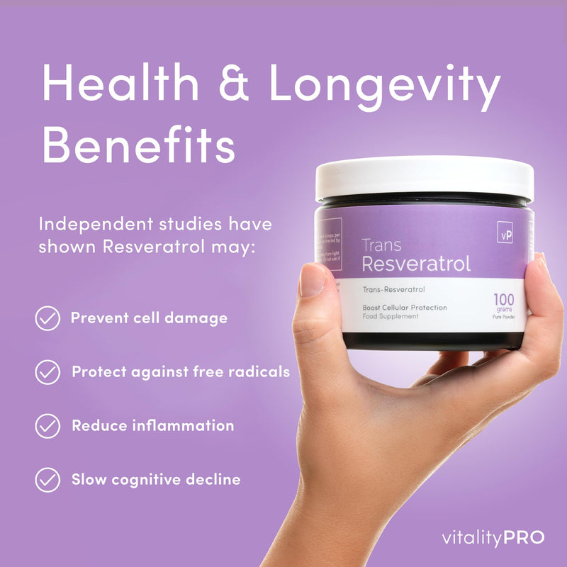 vP Vitality Pro Trans Resveratrol Micronised Powder 30 Grams - Third Party Tested Over 99% Purity - Natural Pure Trans Resveratrol Supplement 30g - Vitality Pro | Third Party Tested, Over 99% Purity, Natural Pure Trans Resveratrol Supplement 30 g