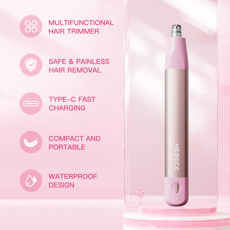 Nose Hair Trimmer for Women 3in1 Facial Hair Removal Trimmer - Metal Body, Rechargeable, Waterproof, Portable - Nose, Ear, Eyebrow, Peach-Fuzz, Lips, Chin (Pink) Pink