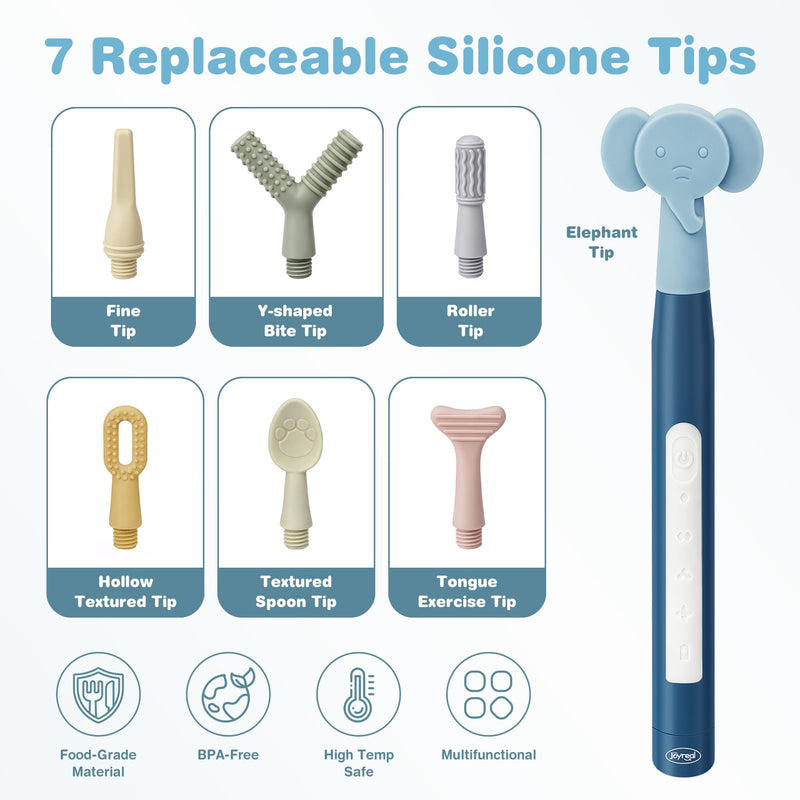 Joyreal SensoryBuzz Oral Motor Vibration Kit with 7 Textured Silicone Heads | Rechargeable, 4 Modes Vibrating Teether, Autism Sensory Products, Speech Therapy Tools, Stimulate Self Feeding, Sensory Needs