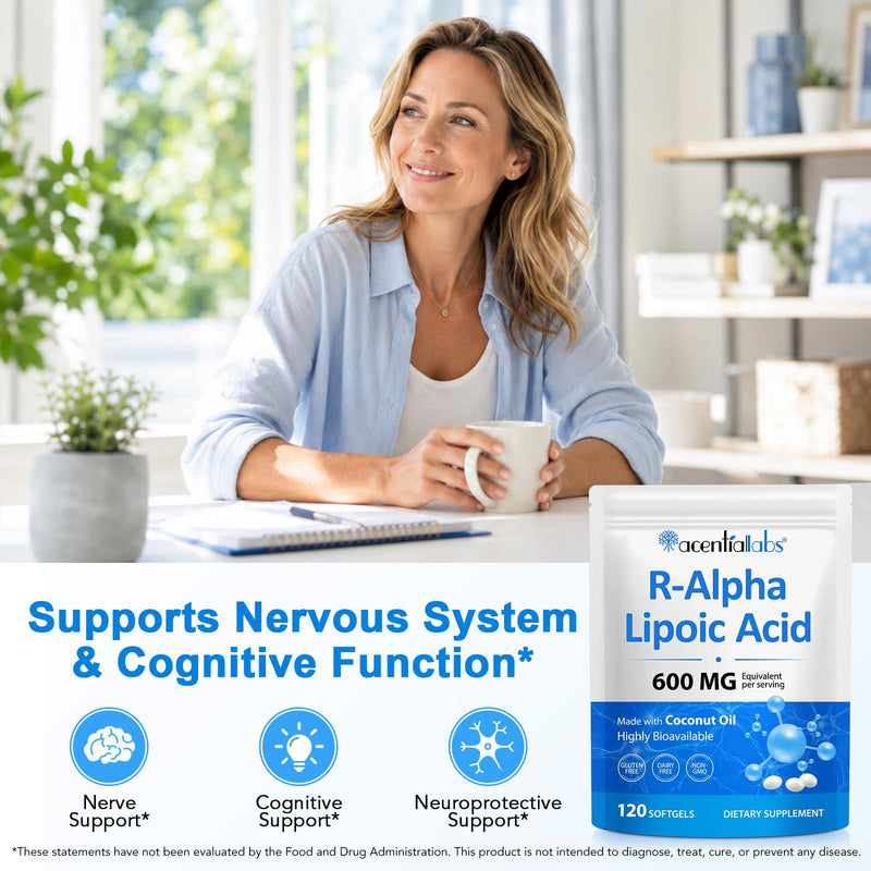 R-Alpha Lipoic Acid Softgels with Coconut Oil, 600mg Per Serving, Oil-Based Formula, Non-GMO, Gluten & Dairy Free, Lab Tested Food Supplement,120 Softgels