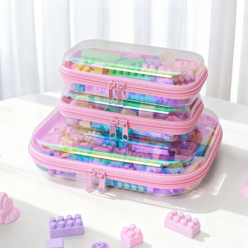 Clear Hard Shell Zipper Case, Surface scratch resistant material, Portable Cosmetic Bag with Zipper, Diaper Bag Organizing Pouches, Hard Plastic Case, Clear Bags for Organizing, Pink （6 Pcs） 4M+2L