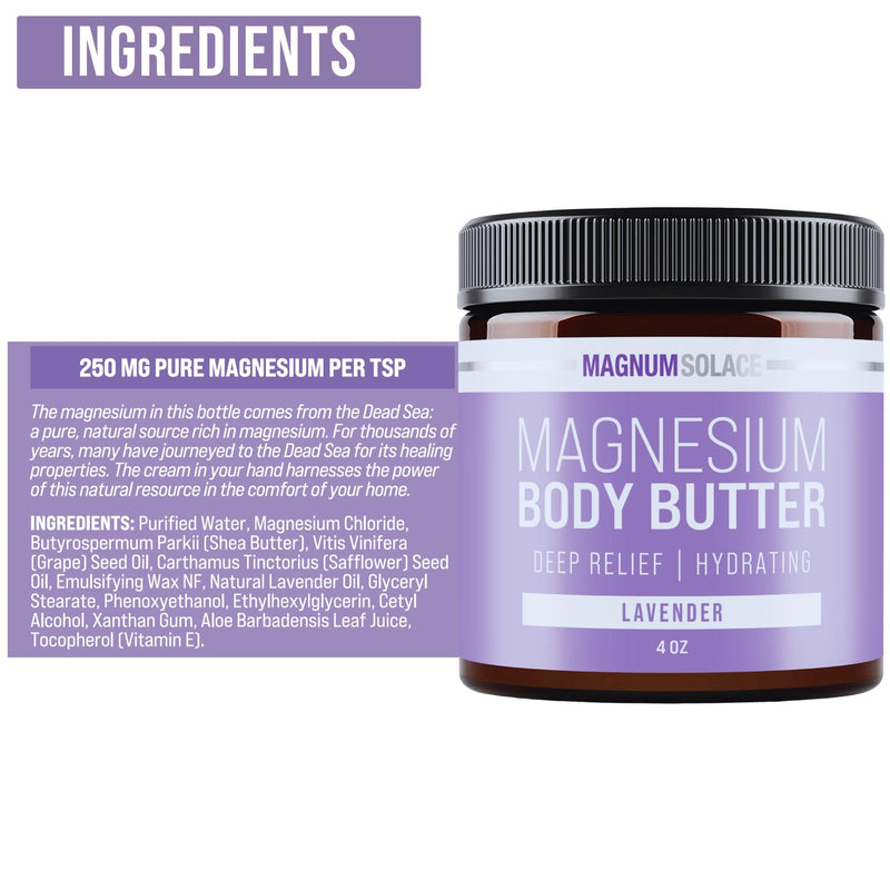 Magnum Solace Magnesium Body Butter - Nighttime Magnesium Cream - Lightly Scented (Lavender) Lavender