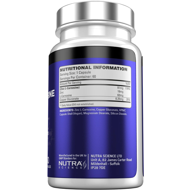 Zinc L-Carnosine Ultra – High Strength 81MG Zinc L Carnosine + Copper – Digestive & Gastric Support Zinc Supplement – 60 Vegan Capsules