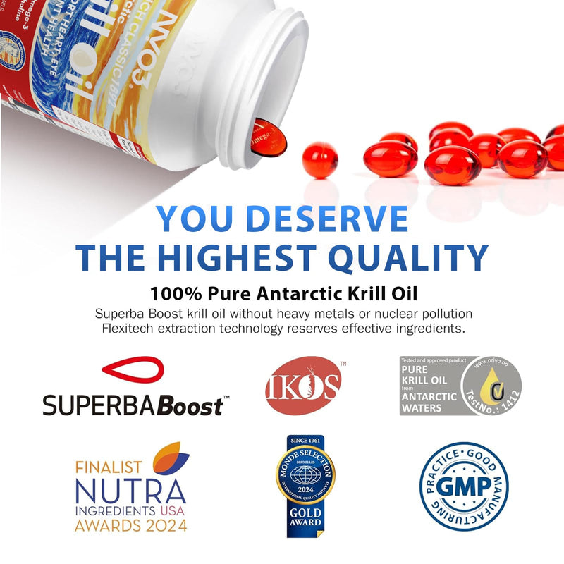 NYO3 Pure Antarctic Krill Oil Omega 3 Supplement Beyond Fish Oil with Choline & Antioxidant Astaxanthin for Heart Brain, GMP, Third Party Tested, No Fishy Burps - 425mg 30 Softgels 30 count (Pack of 1)
