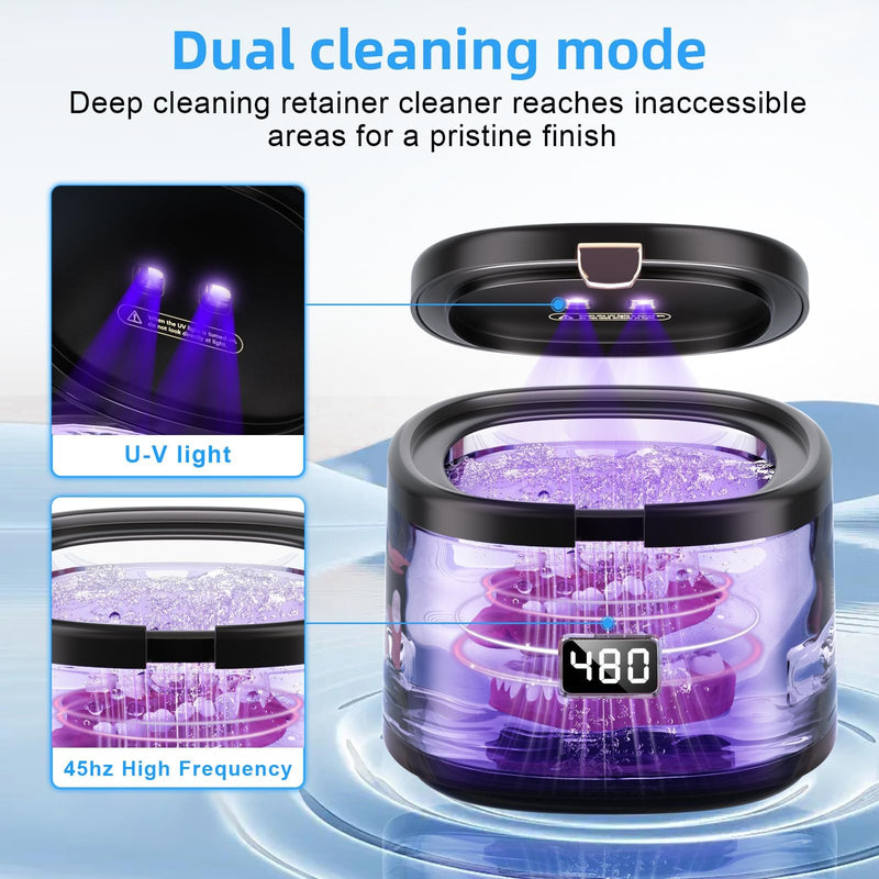 [Australia] - Ultrasonic Retainer Cleaner, Sonic Dental Cleaning Machine for Dentures, Aligners, Braces, Mouth Guards, Jewelry, for All Dental Appliances, Portable 30W/45kHz (Black) black 