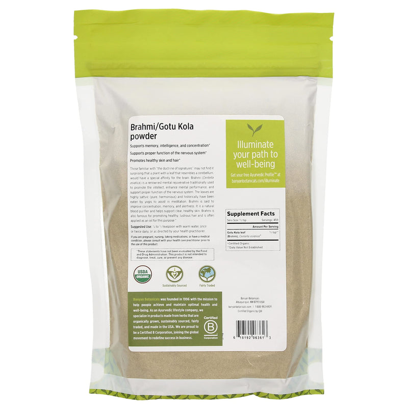 [Australia] - Banyan Botanicals Brahmi/Gotu Kola Powder – Organic Centella Asiatica ­­– Supports Focus, Concentration, Alertness, and a Balanced Sense of Calm* – 1 lb. – Non-GMO Sustainably Sourced Vegan 1 Pound (Pack of 1) 