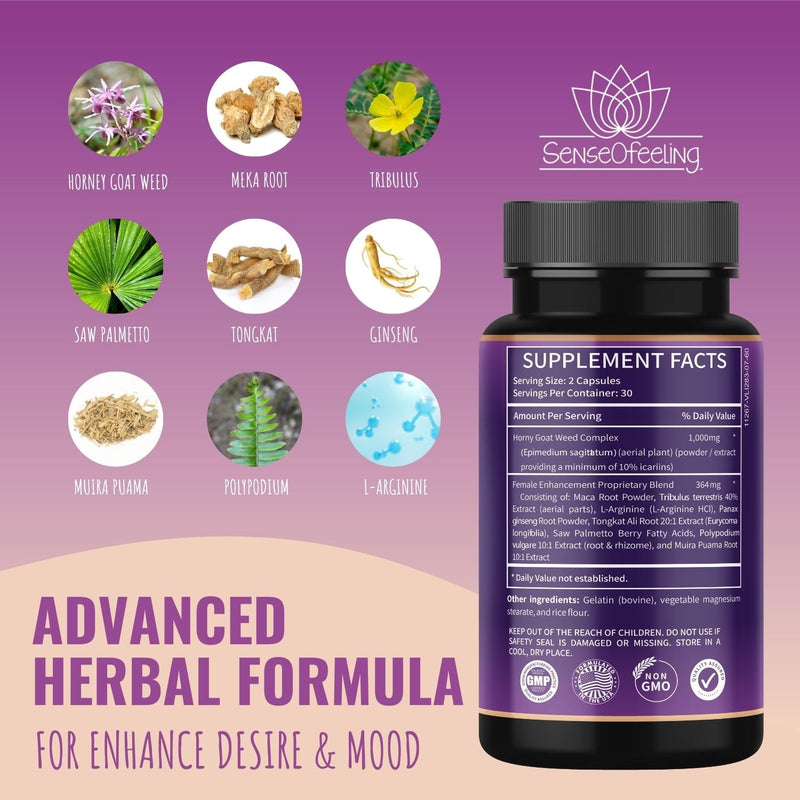 [Australia] - Sense of Women Natural Female Enhancement Pills | Female Libido Booster for Women to Increase Mood, Energy and Hormone Balance | Horny Goat Weed Maca Root Extract 60 Veggie Capsules 