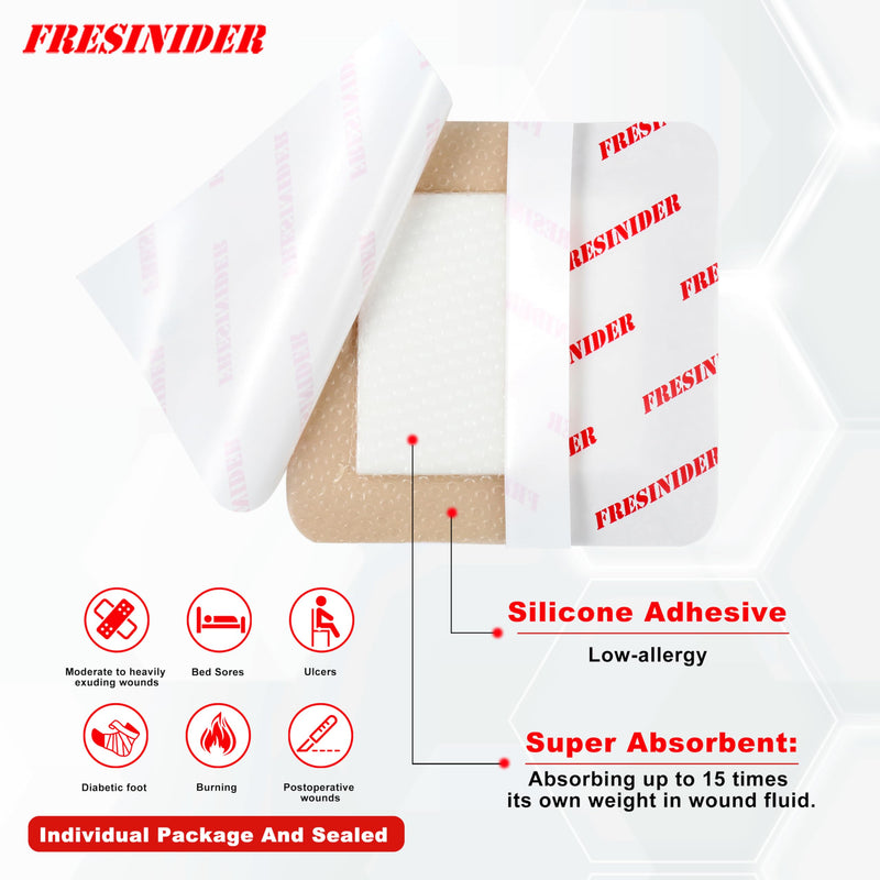 [Australia] - FRESINIDER Silicone Foam Dressing with Adhesive Border ‚Äì Wound Dressing Bandage ‚Äì Silicone Foam Pad ‚Äì Pack of 10 ‚Äì 4 x 4 Inches Large Waterproof Bandages ‚Äì Self Adhesive Wound Care and Dressings 4" x 4" ,10pack 