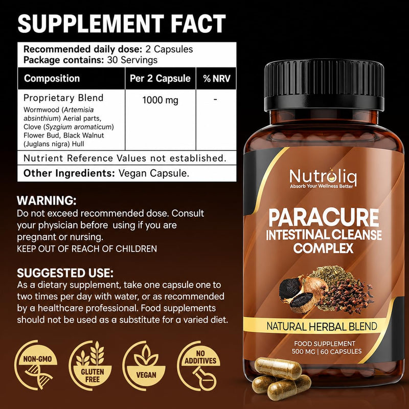 Nutroliq Intestinal Cleanse Complex - Dietary Supplement with Organic Wormwood Black Walnut and Clove Extract - Natural Herbal Blend for Digestive Wellness - 1000mg per Serving - 60 Capsules 60 count (Pack of 1)