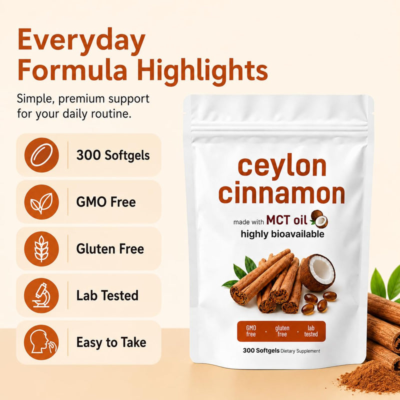 Ceylon Cinnamon Capsules with MCT Oil, 300 Softgels – Cinnamomum Verum Extract 600mg Per Daily Serving, High Absorption Softgels, Non GMO & Gluten Free Cinnamon Food Supplement, 100 Day Supply