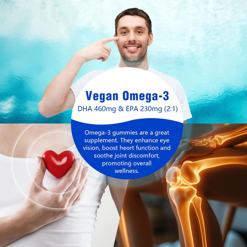 Algae Omega 3 Gummies for Women, Men & Kids, Fish Oil Alternative 60 Count | Boost Brain, He♡rt, Eye & Immune Function, With Plant Based 460 MG DHA & 230 MG EPA, No Fishy Taste, Sugar Free Orange 60 Count (Pack of 1)