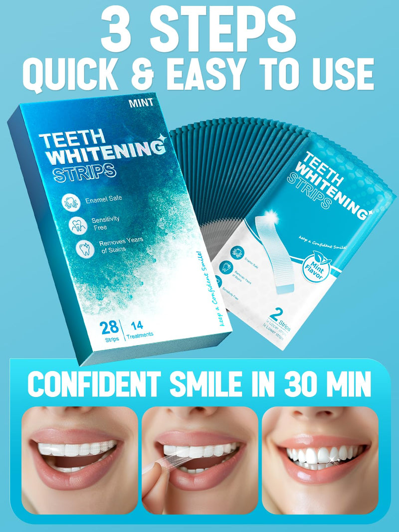 [Australia] - Oralfree Natural Teeth Whitening Strips - Sensitive Teeth Whitener - Enamel Safe Teeth Whitening Kit with Hydrogen Peroxide for Coffee, Wine, Tobacco, and Other Stains, 28 Strips (14 Treatment), Mint Gradient Blue 