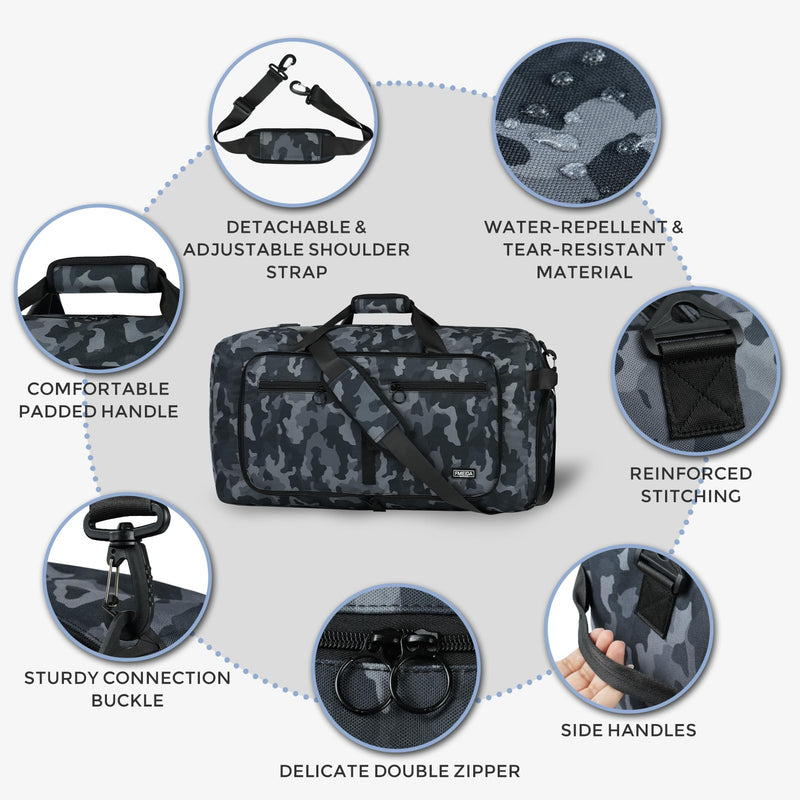 65L Duffle Bag Foldable Travel Duffel Bags for Men Women Travel Bag | Shoes Compartment, 65L Large Capacity, Foldable, Packable, Water Repellent, Tear Resistant, for Traveling Gym Overnight Camp Glossy BlackCamo